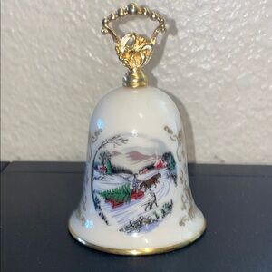 Gorham Fine China Courier and Ives Noel 1981 Porcelain Bell Christmas Gold Trim